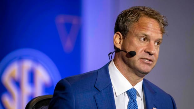 Jul 20, 2021; Hoover, Alabama, USA; Ole Miss Rebels head coach Lane Kiffin talks with SEC Network personality Paul Finebaum (not pictured) during SEC Media Days at Hyatt Regency Birmingham. Mandatory Credit: Vasha Hunt-USA TODAY Sports